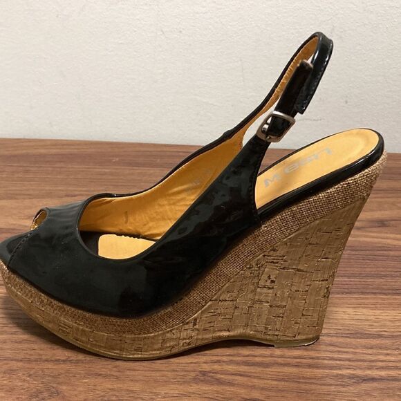 Lisa-W Black Patent Leather Slingback Cork Wedge Peep Toe Pumps. Size 39/8.5. - Picture 3 of 9